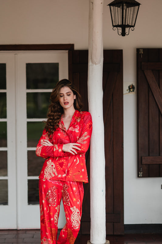 FANTASIA FELINA ROJA CAMISA MANGA LARGA Y PANTALON